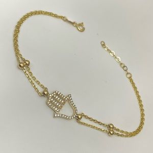 14K Solid Yellow Gold Diamond Hamsa Hand Evil Eye Bracelet